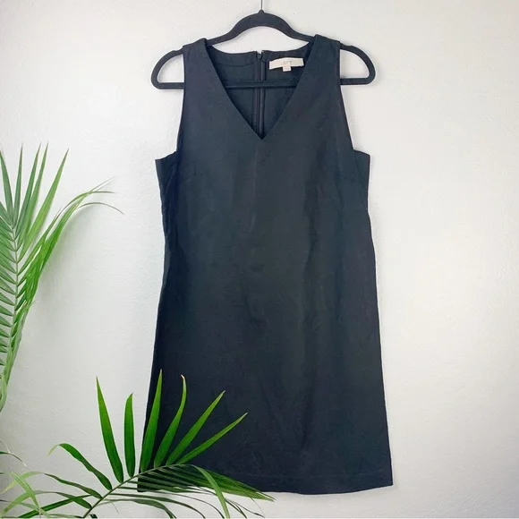 Loft Linen Blend V-Neck Shift Dress Size 10 Black Women's